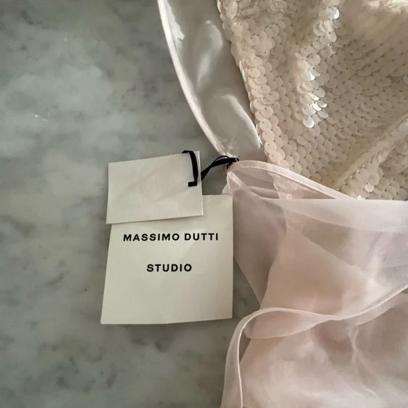 NWT Massimo Dutti Studio blush sequin dress with chiffon open back side slit  S - Picture 14 of 14